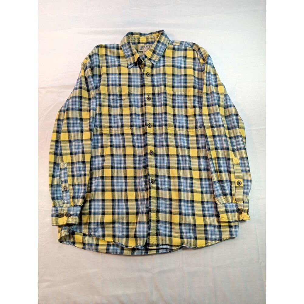 Duluth Trading Co  Flannel Dress Shirt L Yellow Blue Plaid Folklore Button Up
